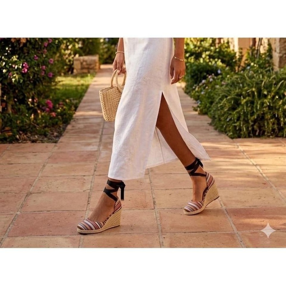 ASHRO 8.5 Striped Ribbon Tie Espadrille Wedge Sandals - Boho Summer Heels